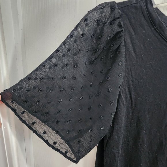 Loft Women's Blouse Top Short Sheer Sleeves Clipdot Black Size XXS Pima Cotton - Picture 3 of 7